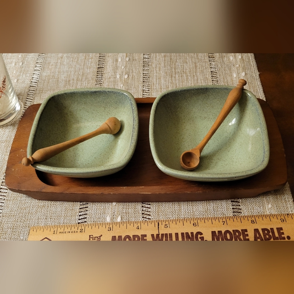 Kennedy Bros Bristol VT Sauce Dishes Set Of 2 Bowls, Wooden Tray And Spoons
